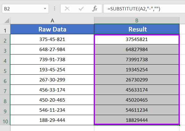The result of using the SUBSTITUTE function to remove specific characters in Excel