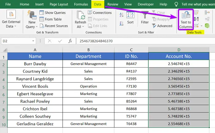 Using Text to Columns Feature to Stop Excel from Rounding 16-Digit Numbers