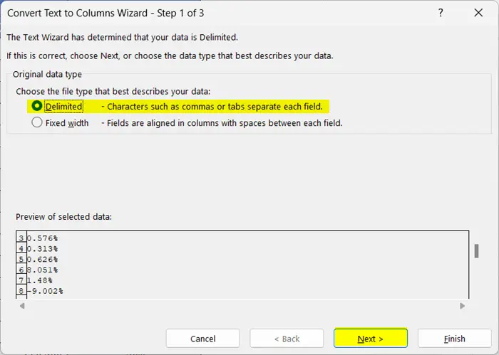 Convert Text to Columns Wizard window in Excel