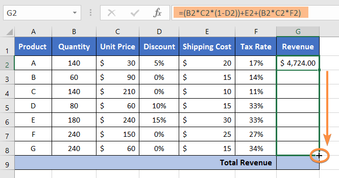 Applying Formula with Fill Handle to Calculate Total Revenue in Excel