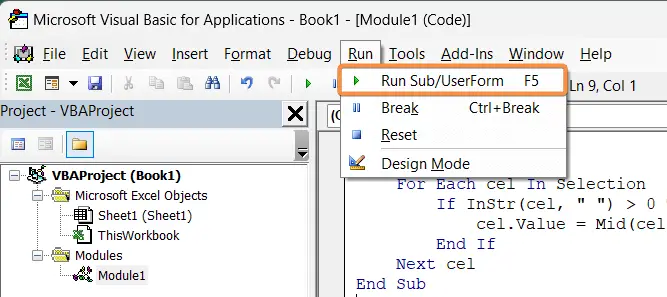 Select Run Command to Remove the First Word in Excel Using VBA Code