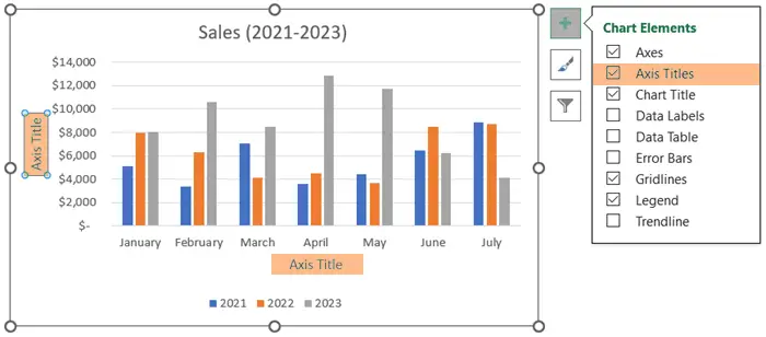 Add axis titles of the Clustered column chart in Excel