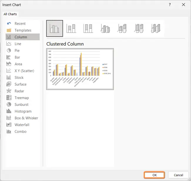 Insert Chart dialog box in Excel
