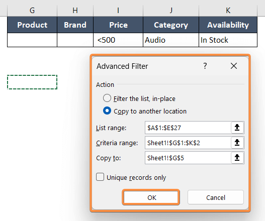 The Advanced Filter dialog box in Excel
