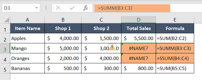 Wrong Function Name Triggering the #NAME? Error in Excel