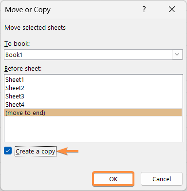 The Move or Copy dialog box
