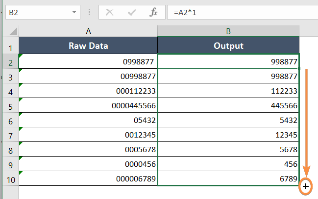 Multiplying the Column with 1 to Remove Leading Zeroes in Excel