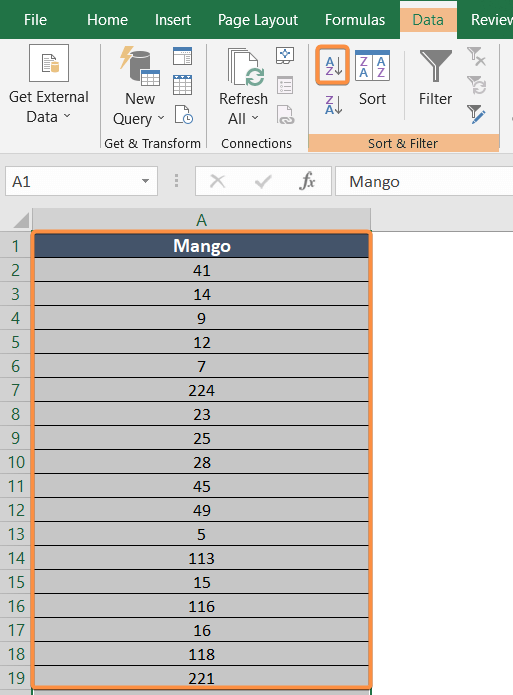 Sorting the dataset to create the stem and leaf plot in Excel