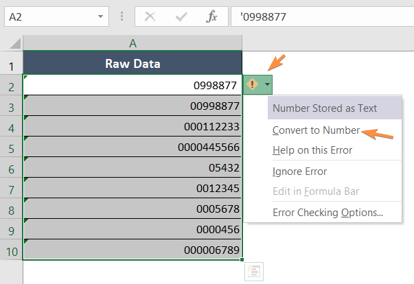 Use Error Checking Icon Remove Leading Zeroes in Excel