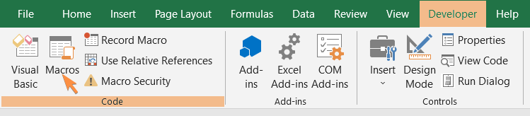 Macros tool in the Developer tab in the Excel ribbon to run the VBA code