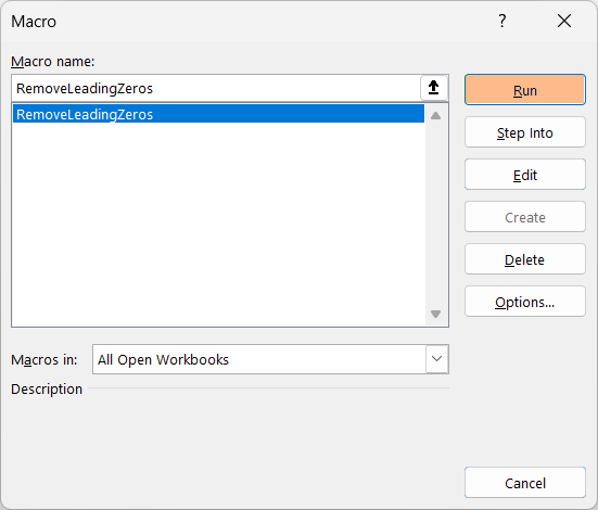 Macro dialog box to run the VBA code to remove leading zeros in Excel