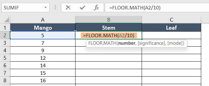 Applying the FLOOR.MATH function to create the stem and leaf plot in Excel