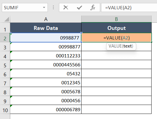 Removing leading zeros with VALUE function in Excel