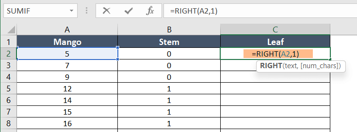 Applying the RIGHT function to create the stem and leaf plot in Excel