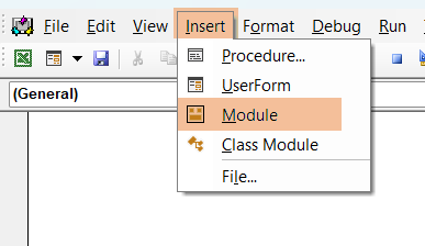 Insert and Module option to open the Visual Basic Editor in Excel