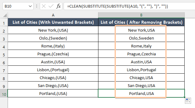 Result of using the CLEAN Function to Remove Brackets in Excel