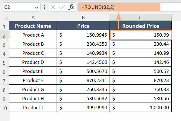 Example of ROUND Formula in Excel