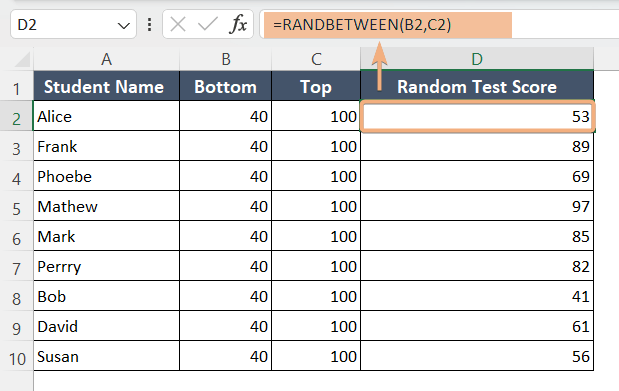 Example of RANDBETWEEN Formula in Excel
