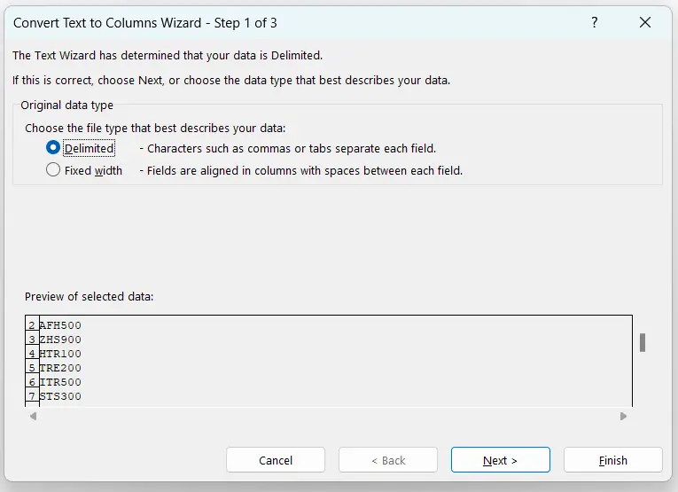 Chose delimited option in the Convert Text to Columns Wizard dialog box 