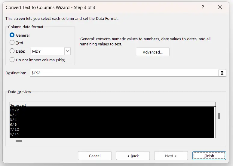 Selected General in the Column data format in Convert Text to Columns Wizard dialog box