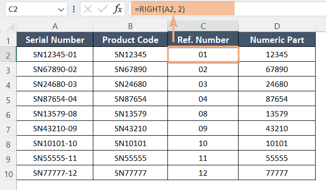 Application of RIGHT Function in Excel