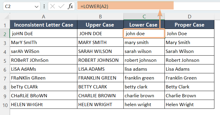 Application of LOWER Function in Excel