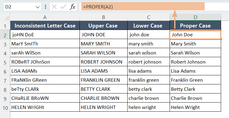 Application of PROPER Function in Excel