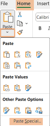 Home tab to access Paste options to remove invisible apostrophes in Excel