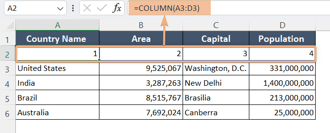Application of COLUMN Formula in Excel