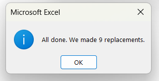 Microsoft Excel message after replacing all apostrophes 