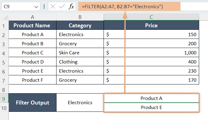 Usage of FILTER Function in Excel