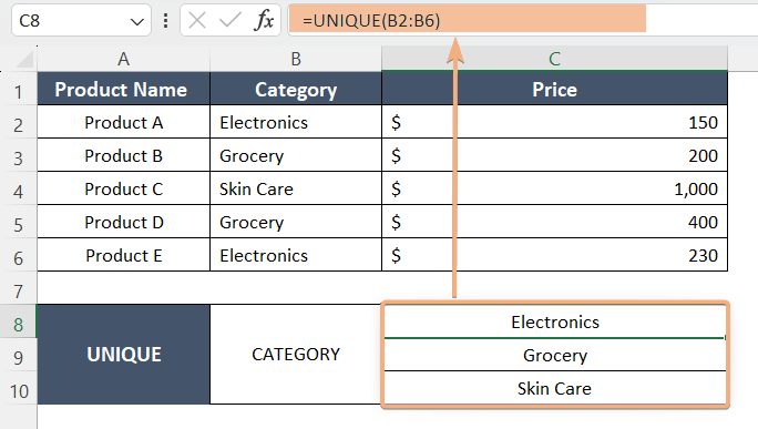 Usage of UNIQUE Function in Excel