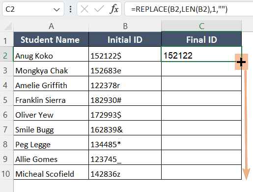 Using Fill Handle to Drag Down a Formula