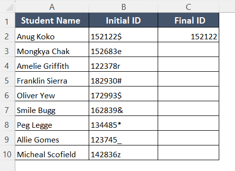 Manual input to use the Flash Fill command to remove the last digit