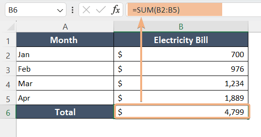 Example of SUM Formula in Excel