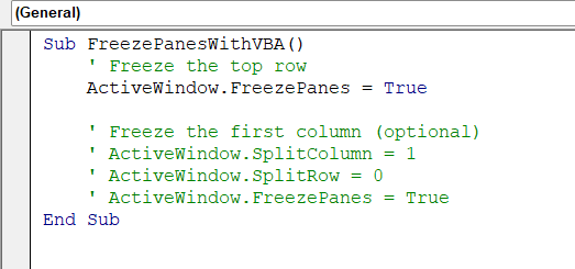 Pasted VBA Code to freeze top row and first column in Excel