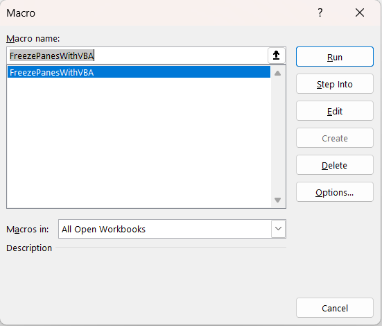 Run VBA Code to freeze top row and first column in Excel