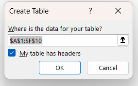 Select the range to convert into a table in Excel 