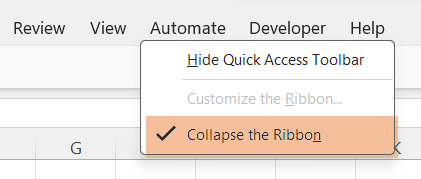 Hide the Ribbon in Excel by Collapse the Ribbon command