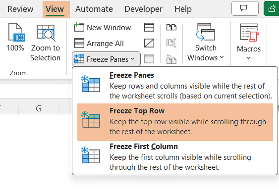 Selection of Freeze Top Row to freeze top row in Excel 