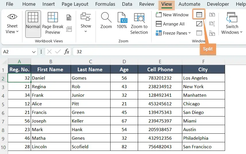 Using Split to freeze top row in Excel