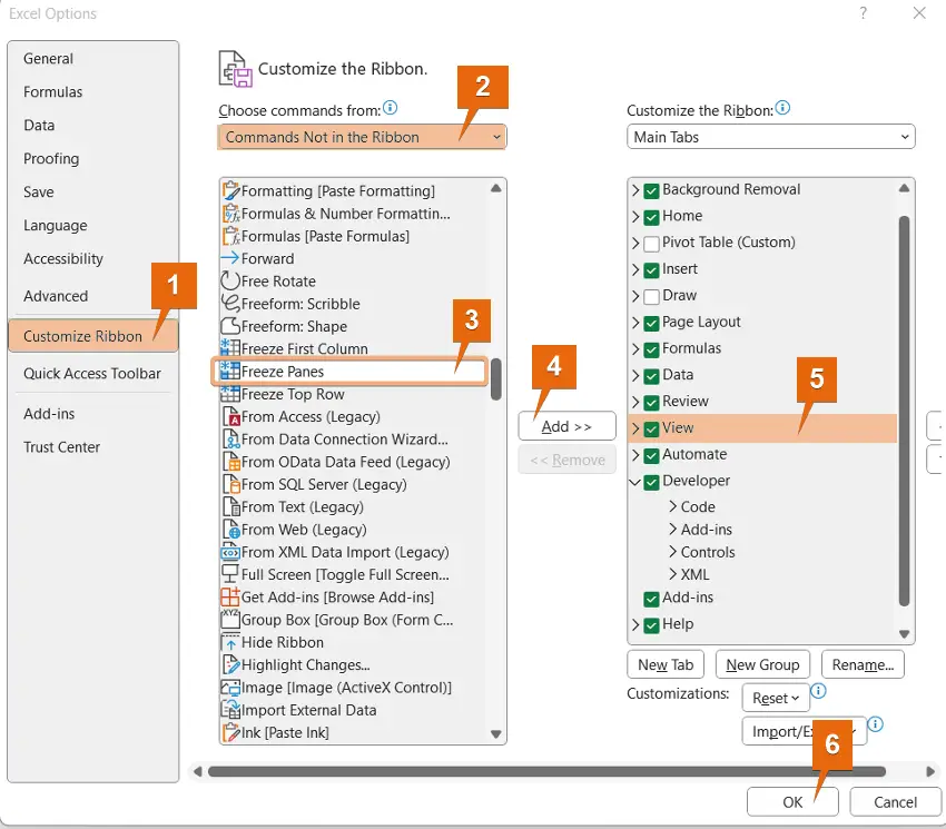 Steps of adding Freeze Panes in the Ribbon in Excel