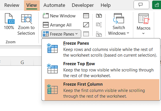 Click Freeze First Column to freeze first column in Excel