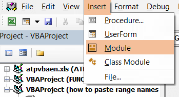 Select Insert and Module to VBA code paste range names