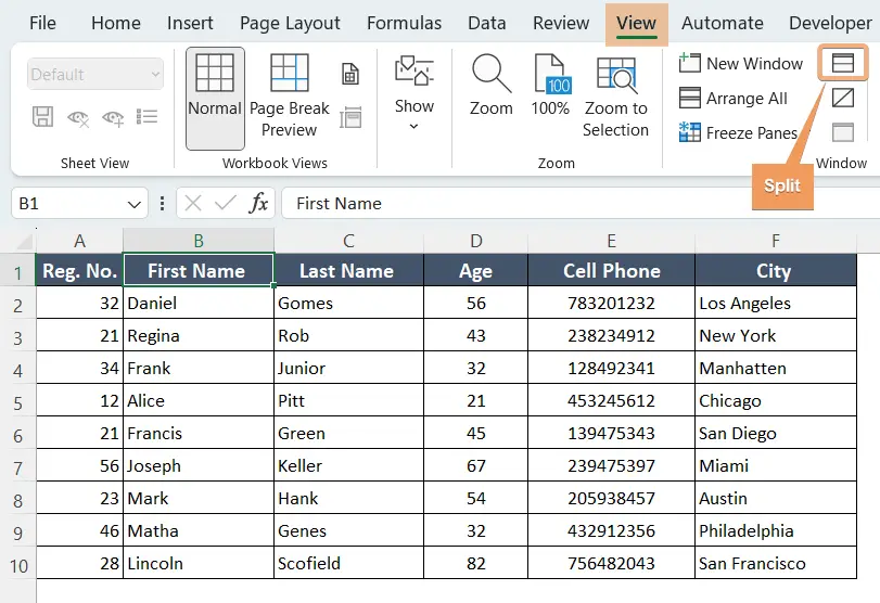 Using Split to freeze the first column in Excel 