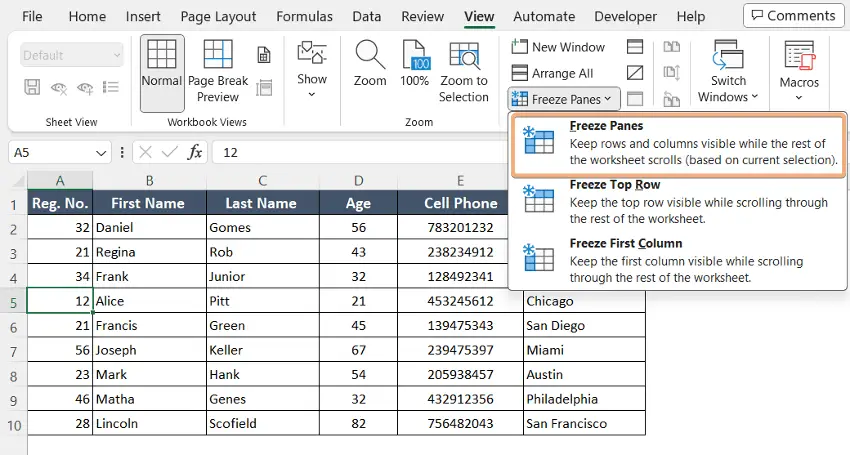 Select Freeze Panes to freeze multiple rows in Excel