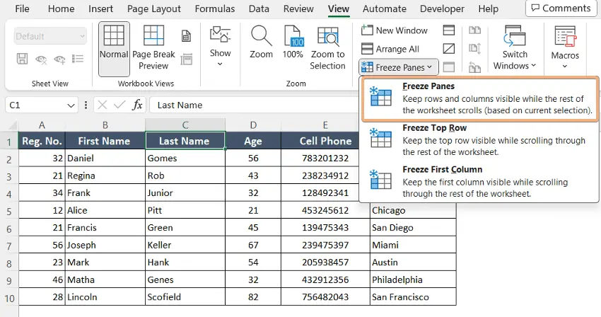 Using Freeze Panes to freeze multiple columns in Excel 