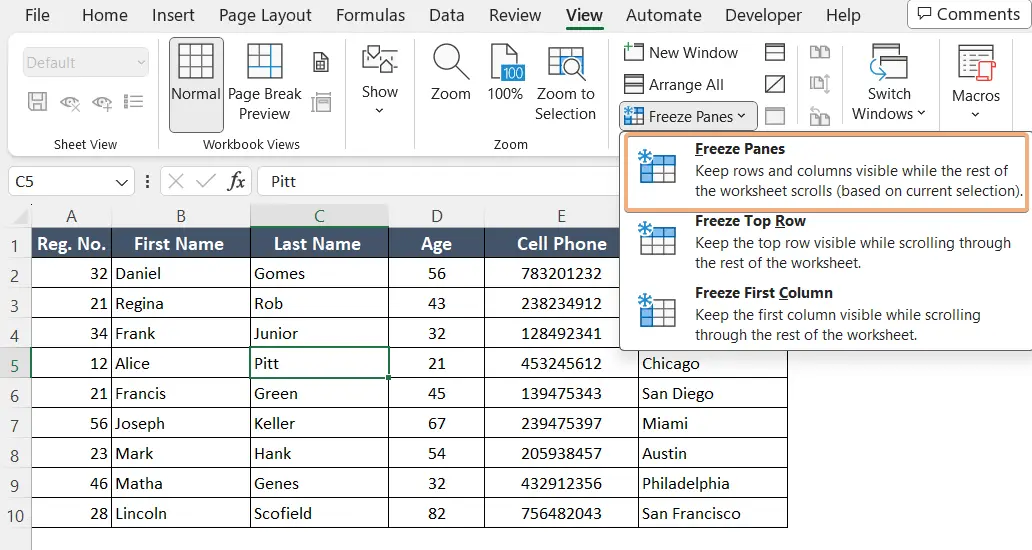 Use Freeze Panes to freeze multiple rows and columns in Excel