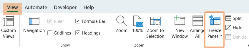 Displaying Freeze Panes under View tab in Excel