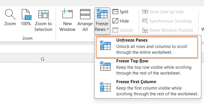 Use Unfreeze Panes option to unfreeze rows and columns in Excel